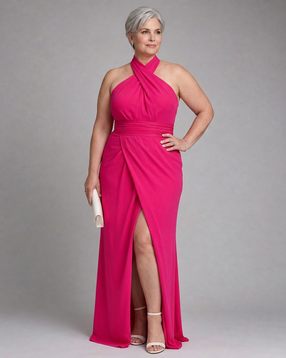 Nia | Cross Halter Draped Side Slit Midi Dress