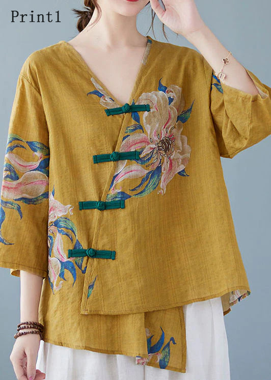 Pia - Yellow Button Shirt Tops Asymmetrical Half Sleeve