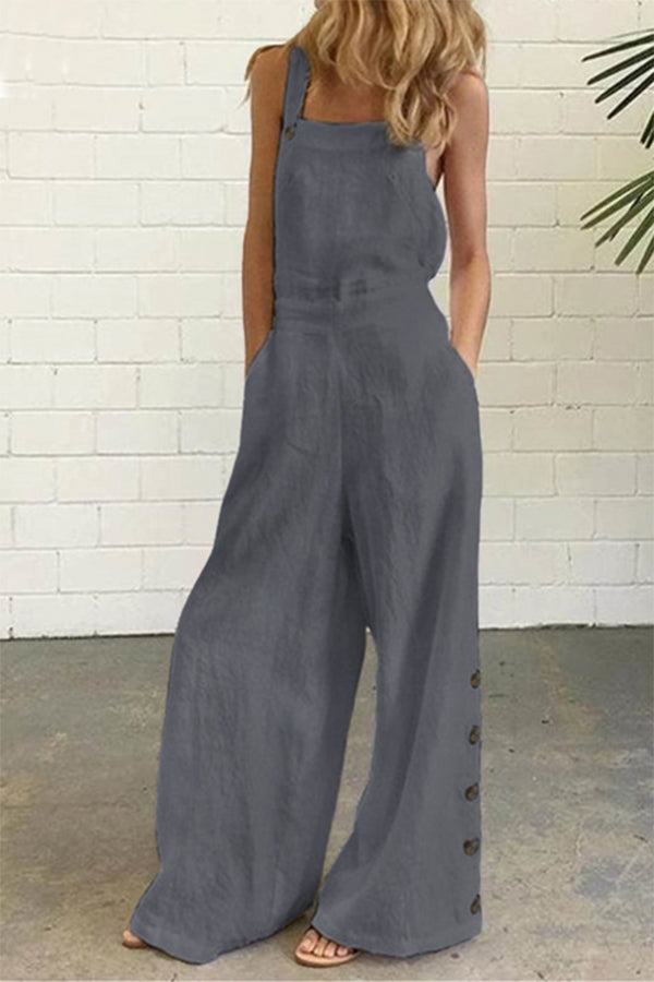 Hazel - Casual Solid Buckle Square Collar Regular Jumpsuits