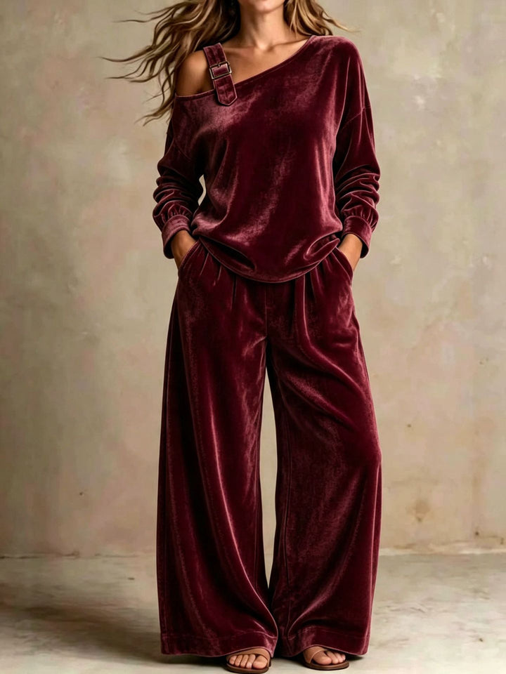 Velvet Off-Shoulder Two-Piece Set, Soft Matching Outfit