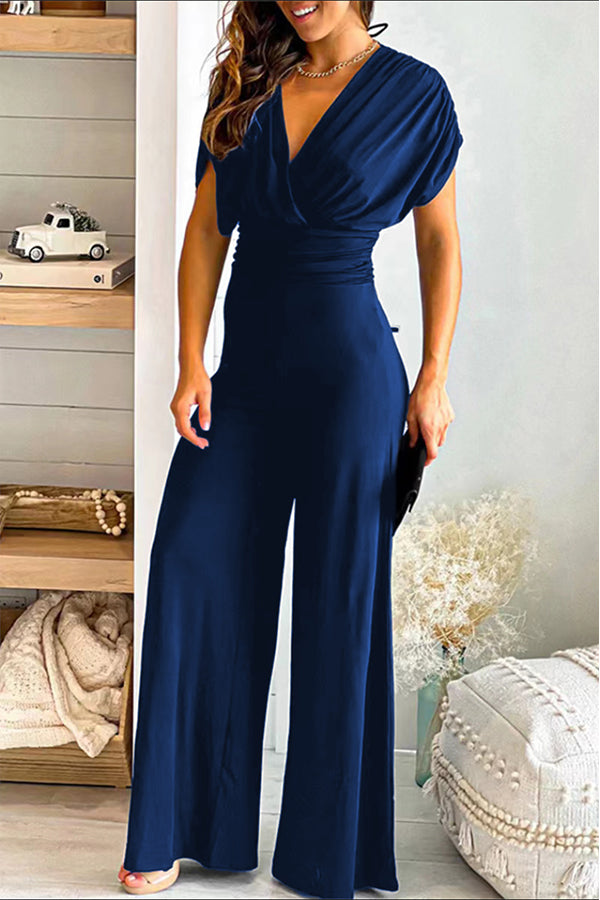 Zaina - V-neck solid slim fit Waist Wide Leg Jumpsuit