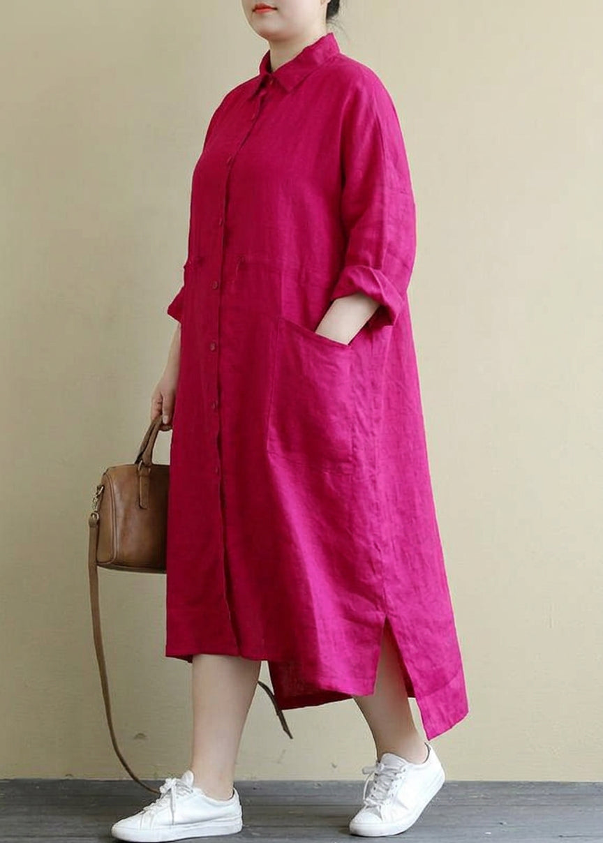 Isolde - Red Linen Shirt Dress Casual Oversize Spring Maxi Dresses