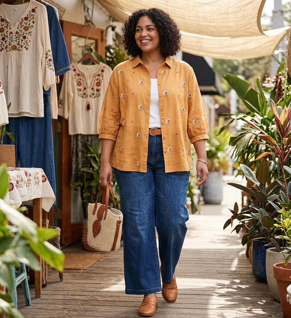 Rin - Cotton Floral Embroidered Comfortable Shirt