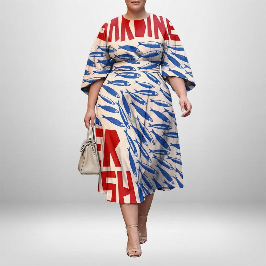 MAIA | Coastal Print Midi with Sculpted Waist and Artistic Flair