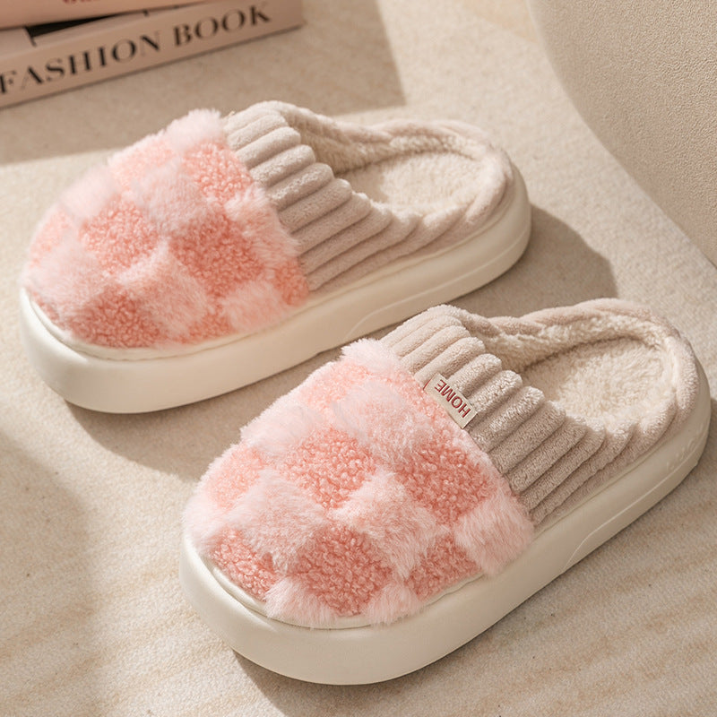 Plaid Plush Slippers for Women, Soft Sole and Non-Slip