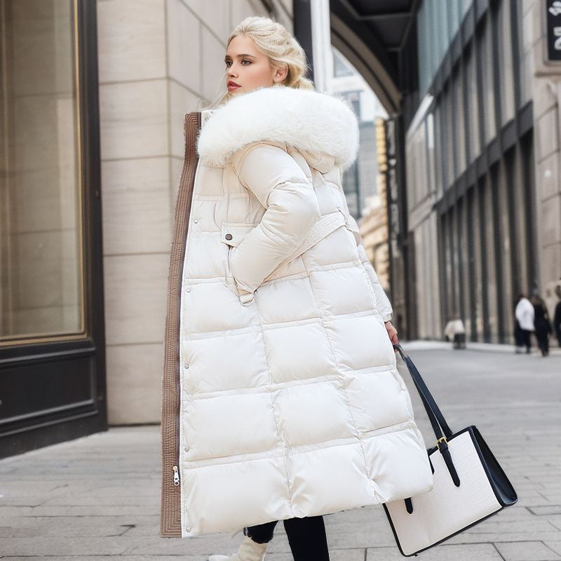 Long Fur Hood Winter Coat for Women, Slim Belted Warm Coat