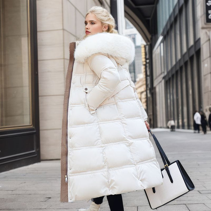 Long Fur Hood Winter Coat for Women, Slim Belted Warm Coat