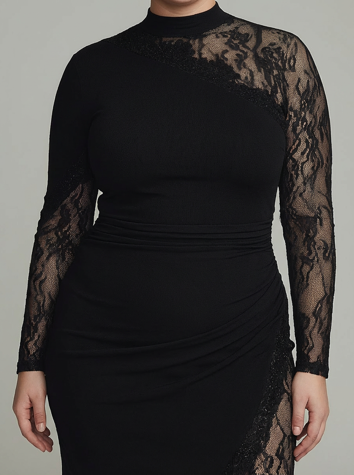 Elspeth | Black Turtleneck Lace Asymmetrical Tulle Long Sleeve Mini Dress
