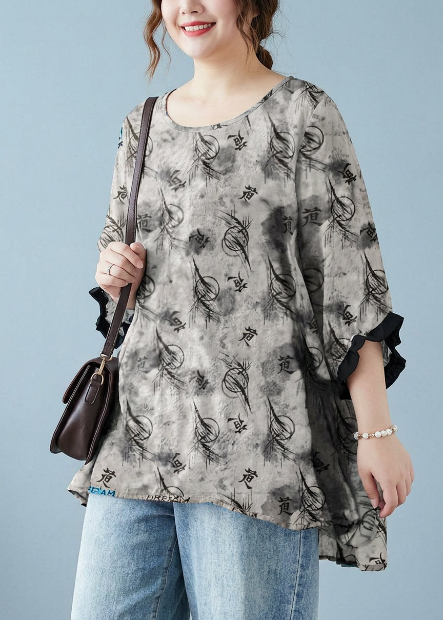 Linnea - Loose Blue Dotted Batwing Sleeve Cotton Linen Tee