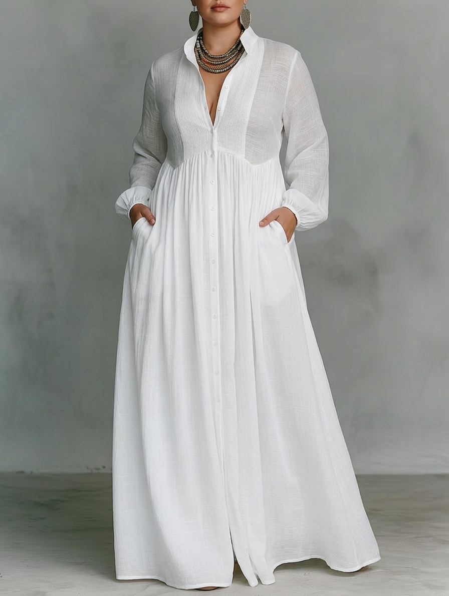 Vera - Maxi Minimalist Dress with Patchwork, High Collar and Long Sleeves
