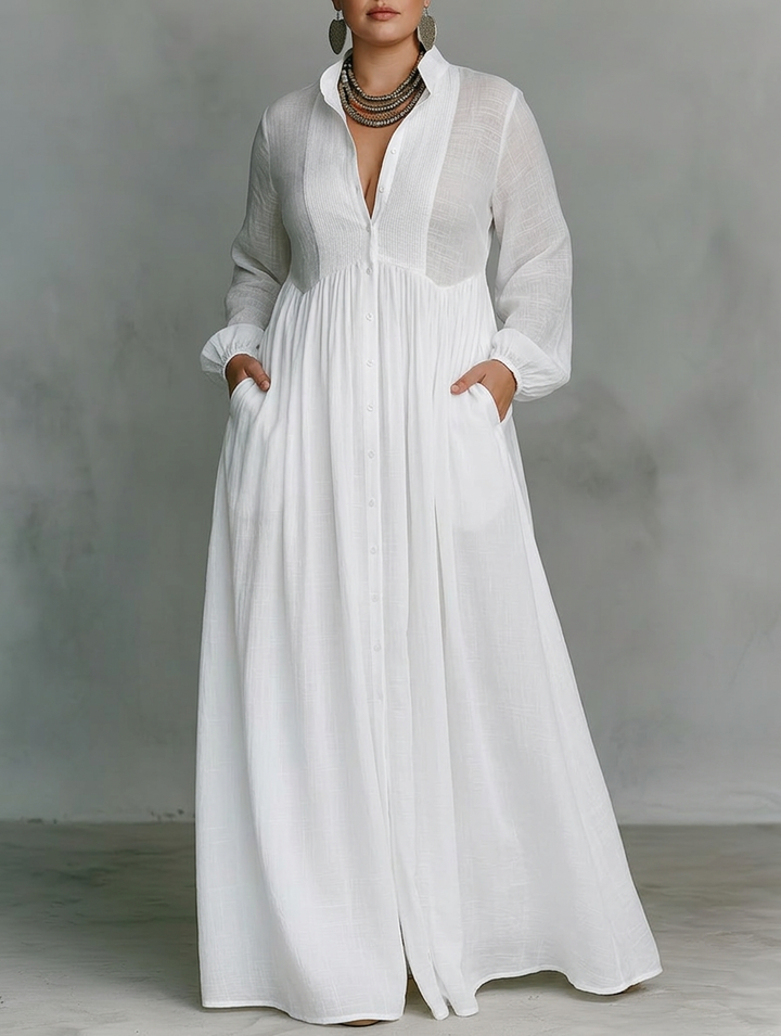 Vera - Maxi Minimalist Dress with Patchwork, High Collar and Long Sleeves