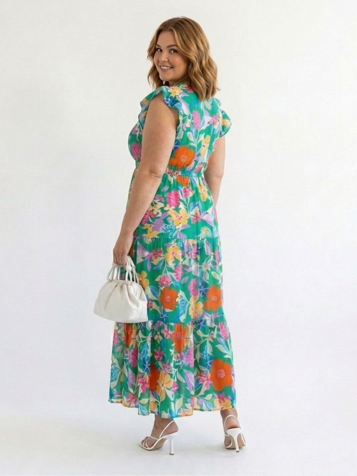 Theodora | Floral V-Neck Tiered Midi Dress