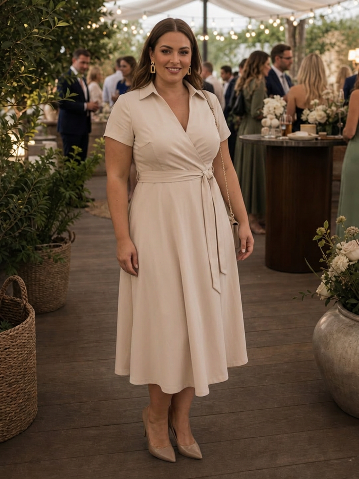 Eulalia | Short Sleeve Collared Wrap Waist Midi Dress