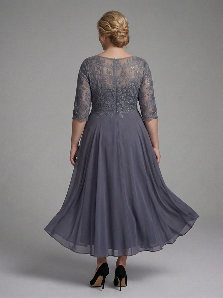 Anwen | Midi Dress with Lace Bodice and Sheer Sleeves