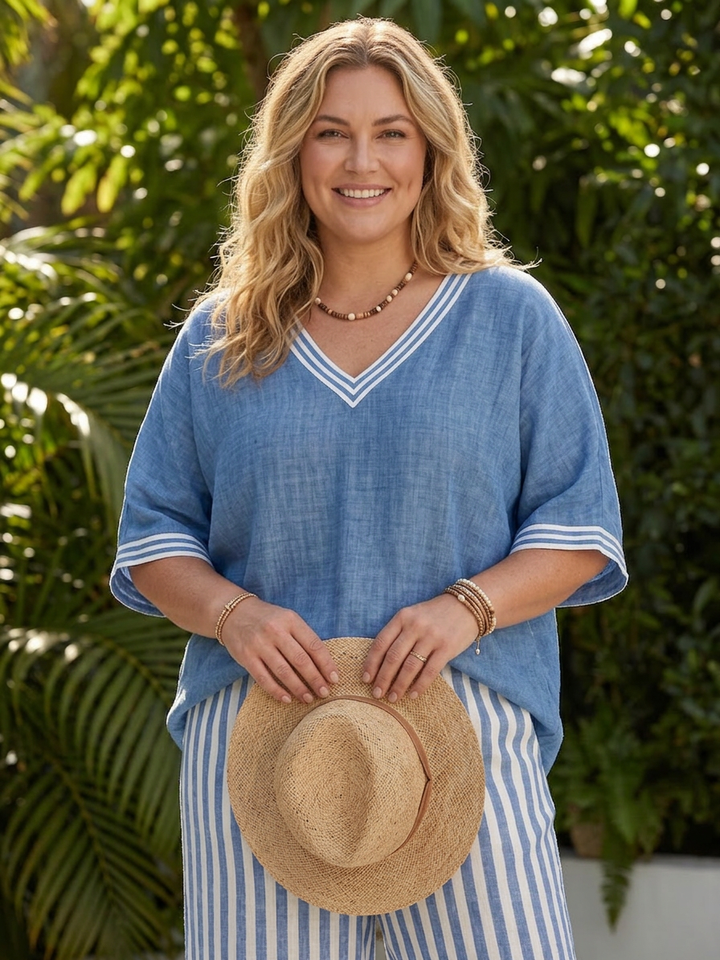Anya | Contrast V Neck Tunic Stripe Pant Set