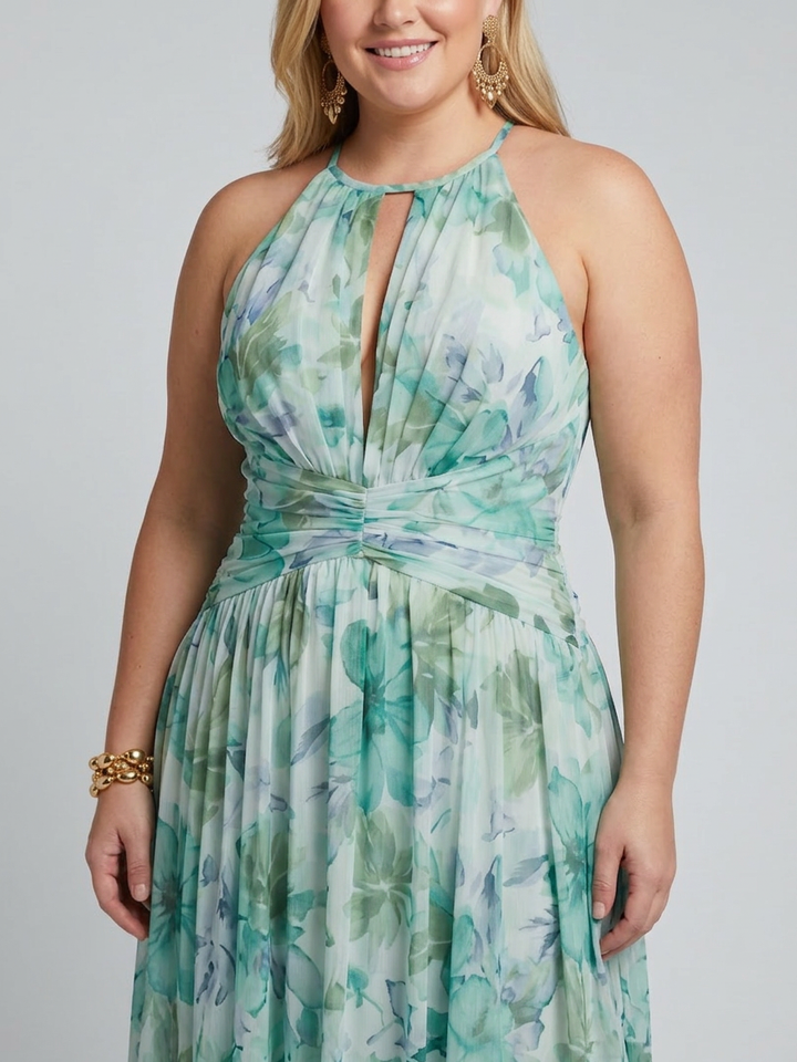 Saffron | Pleated Halter Soft Floral Pattern Midi Dress