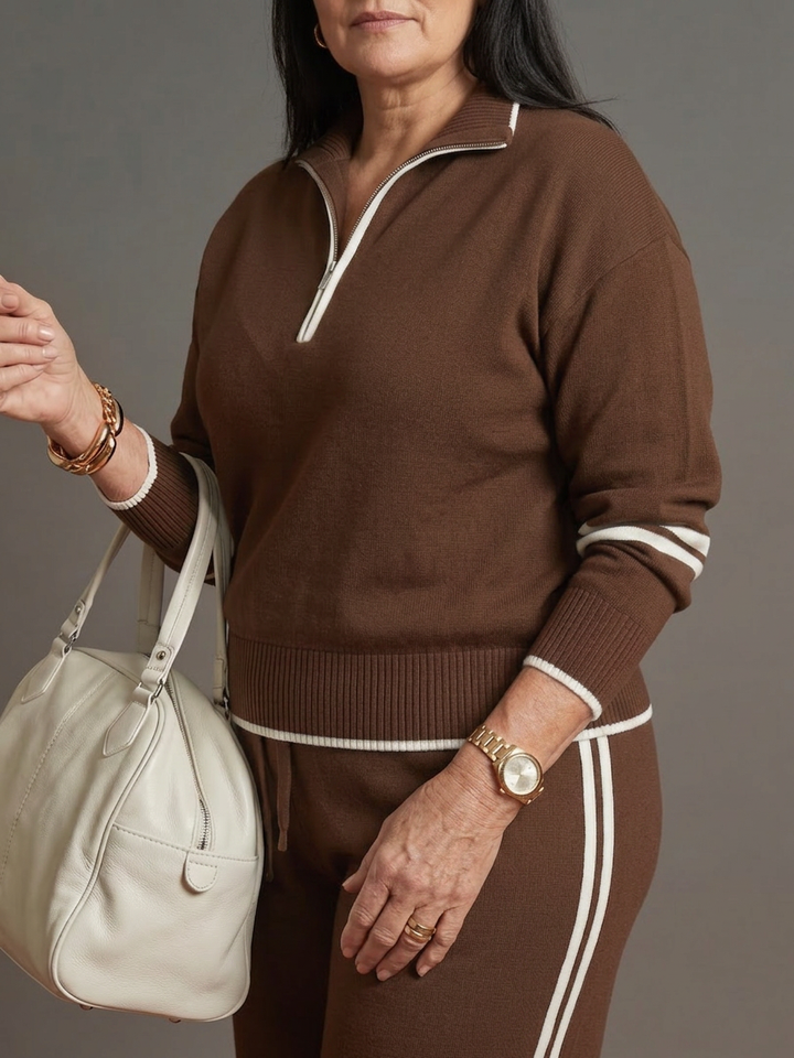 Greer | Zip Neck Long Sleeve Side Stripe Leg Pants Set