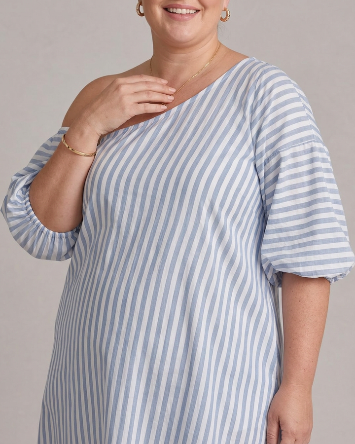 Seraphina | Striped Off Shoulder Puff Sleeve Midi Dress