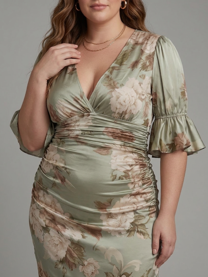 Wilhelmina | Short Sleeve V Neck Ruched Waist Midi Dress