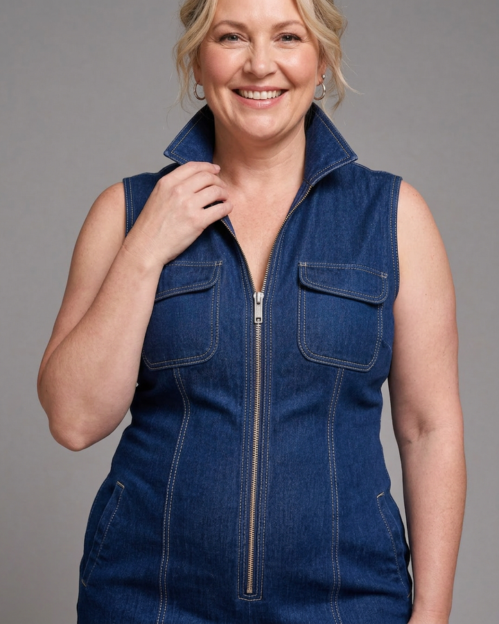 Freya | Zip Front Sleeveless Denim Wide Leg Jumpsuit