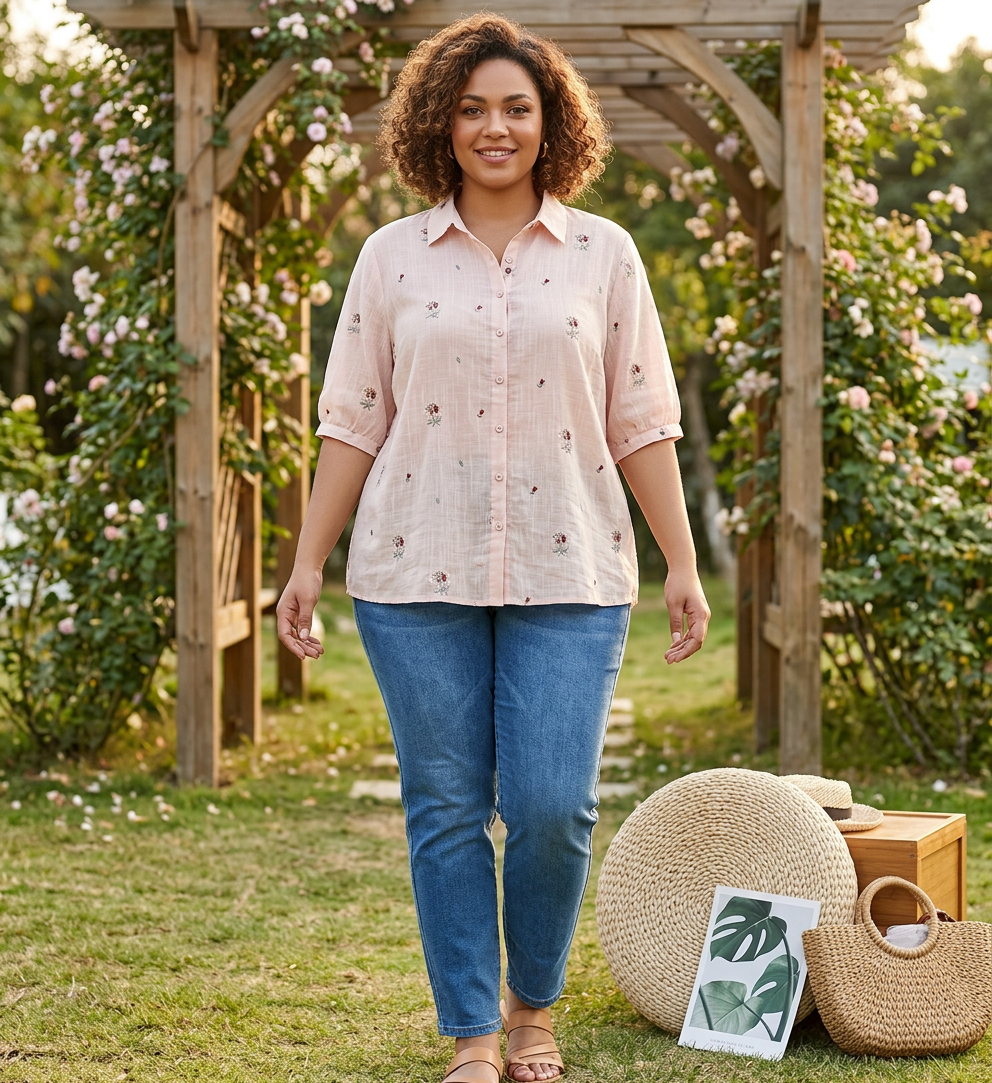 Rin - Cotton Floral Embroidered Comfortable Shirt