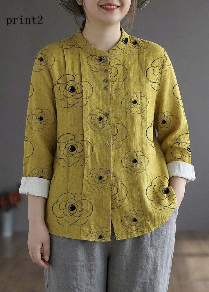 Marguerite - Women Yellow Elegant Button Fall Top Long Sleeve Linen