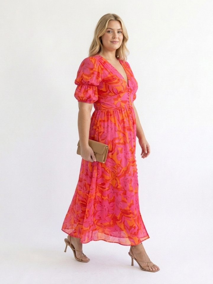 Beatrice | Floral V Neck Puff Sleeve Midi Dress
