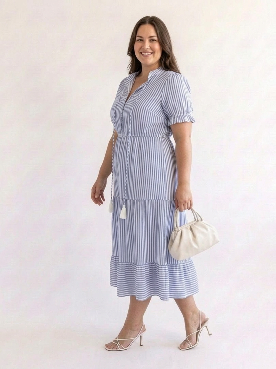 Oleander | Short Sleeve Striped Tiered Midi Dress