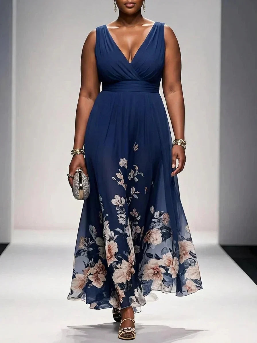 Salma | Light Blue Floral Chiffon V-Neck Maxi Dress