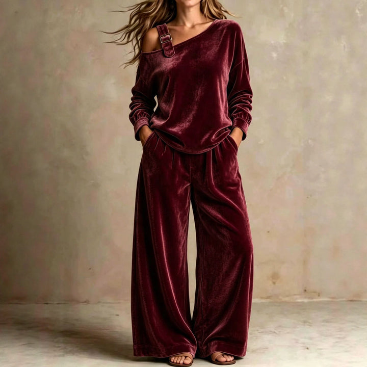 Velvet Off-Shoulder Two-Piece Set, Soft Matching Outfit