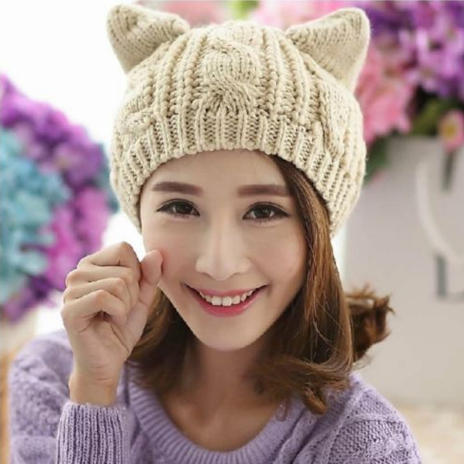 Hand-Knit Cat Ear Beanie, Cute and Warm Winter Hat