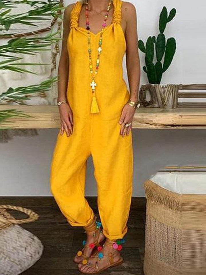 Bellamy - Solid Cross-back Cotton Linen Loose Jumpsuit