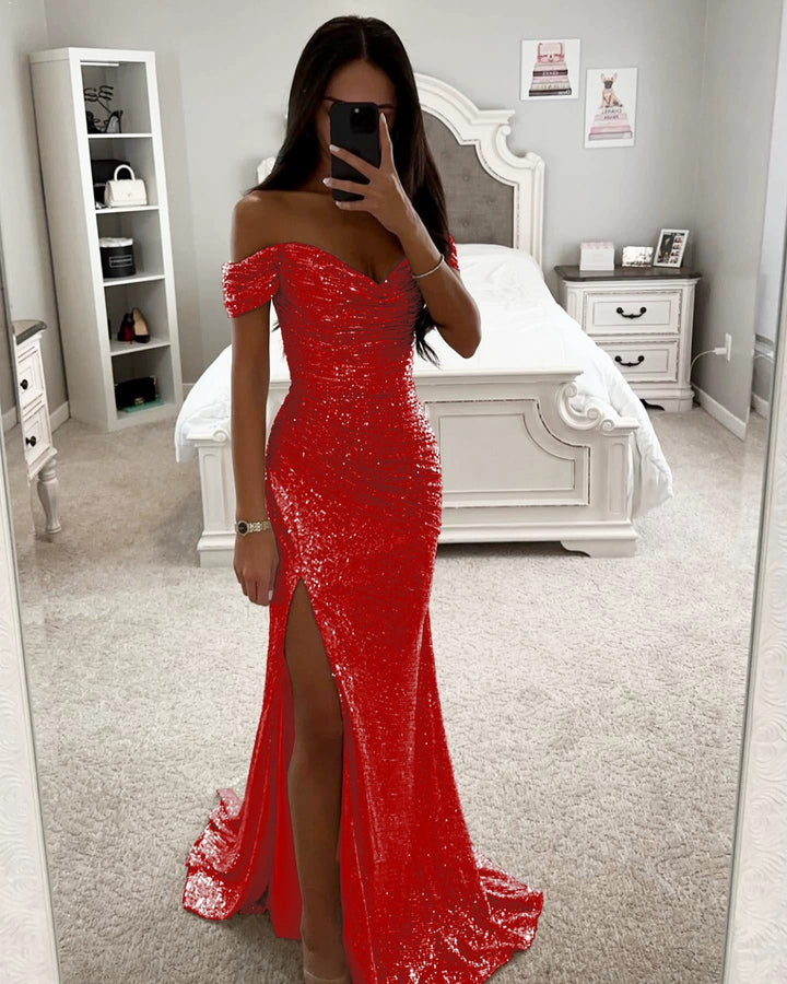 Woman in long off-shoulder sequin evening dress