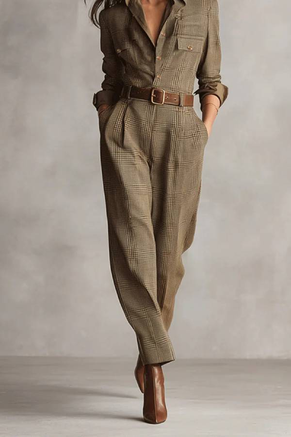 Ember - Brown Sophisticated Tweed Texture Plaid Utility Jumpsuit