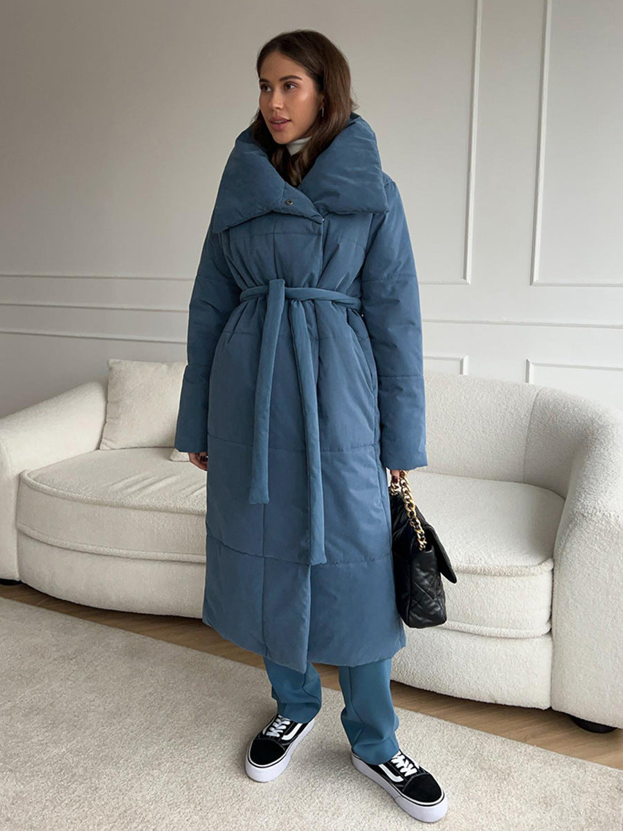 Long Padded Coat for Women, Warm Lace-Up Thick Winter Jacket