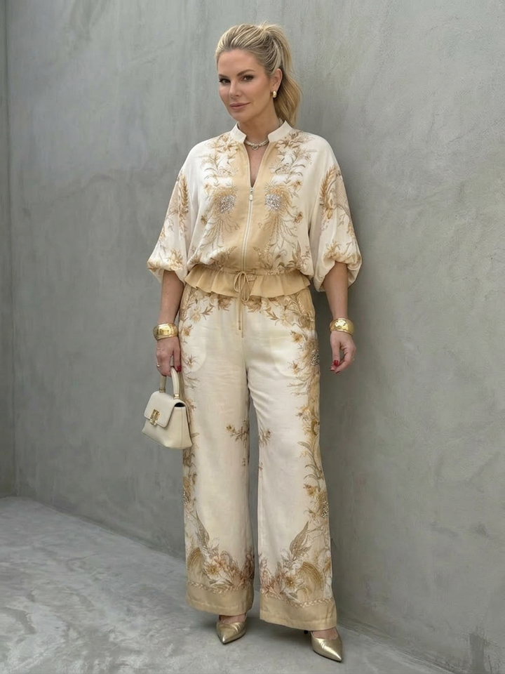 Mika | Zip Front Blouson Top Printed Two Piece Set