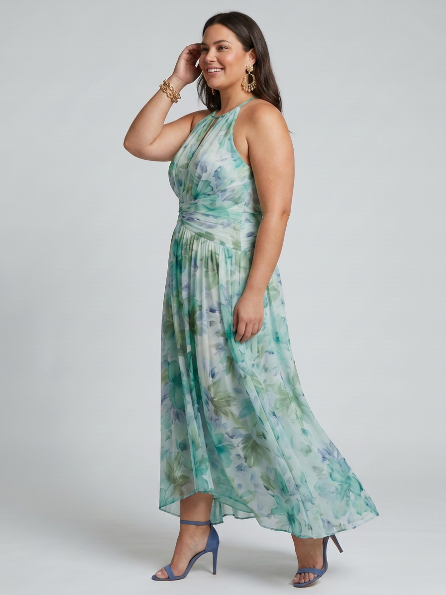 Saffron | Pleated Halter Soft Floral Pattern Midi Dress