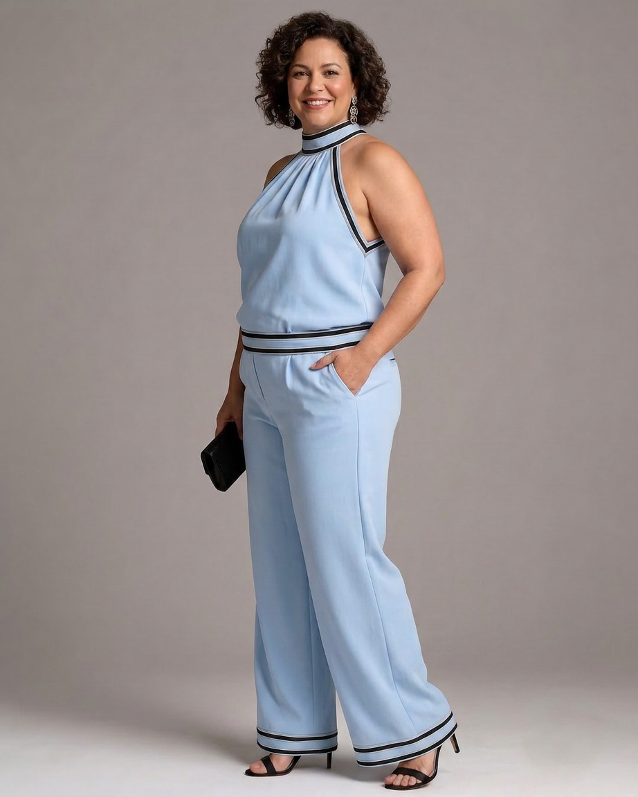 Saffron | Contrast Trim Halter Neck Wide Leg Jumpsuit