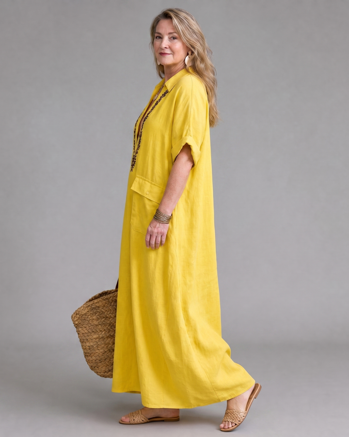 Posy | Embroidered V Neck Pocket Detail Relaxed Maxi Dress
