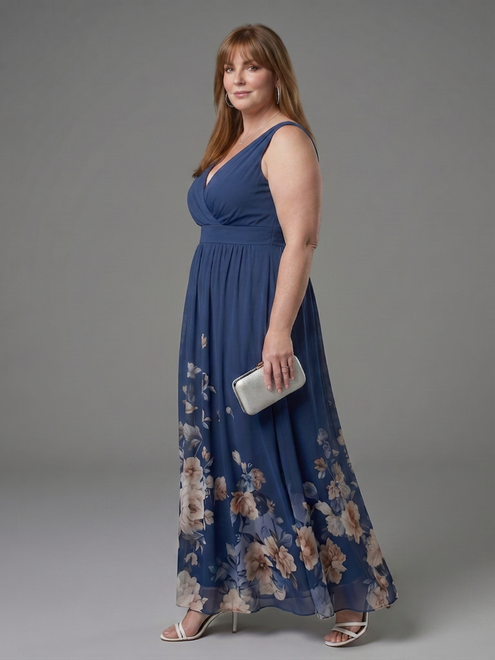 Wanda | Sleeveless V Neck Soft Floral Hem Midi Dress