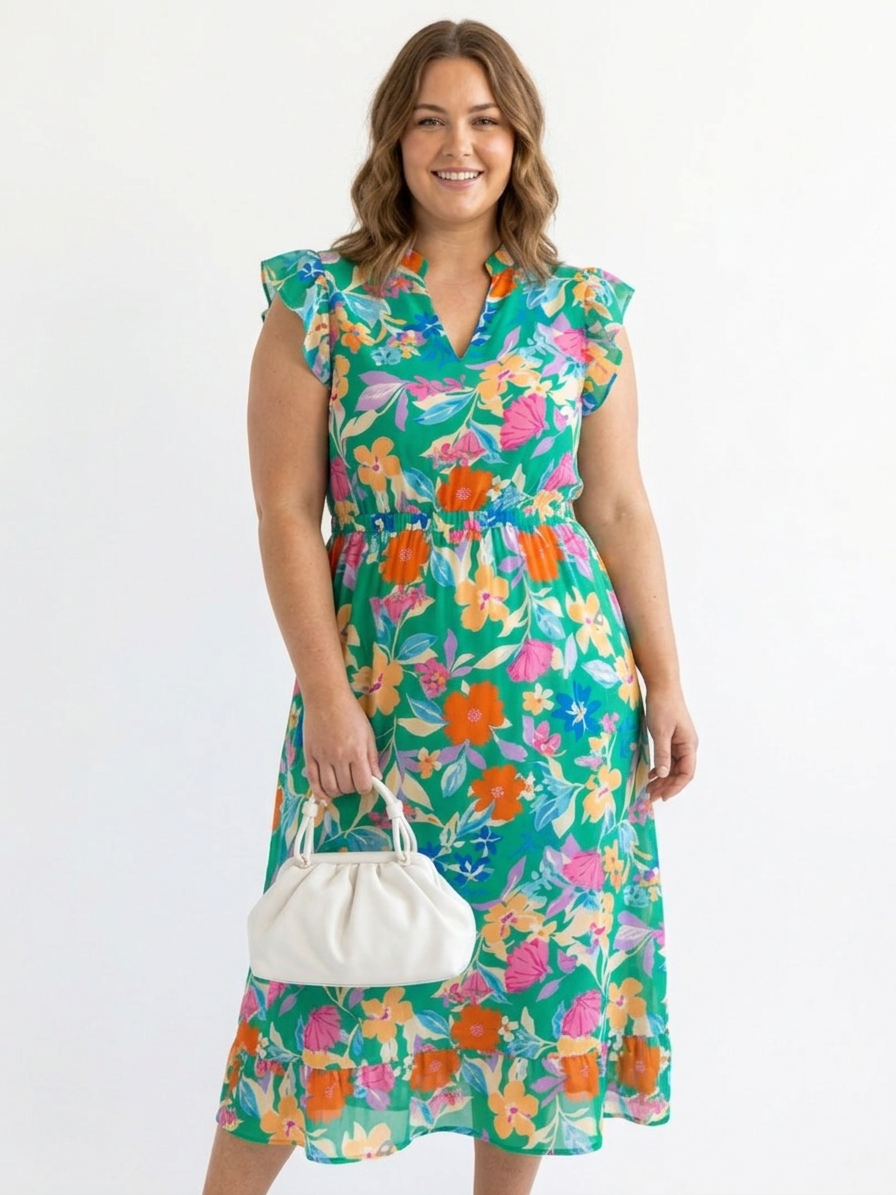 Theodora | Floral V-Neck Tiered Midi Dress