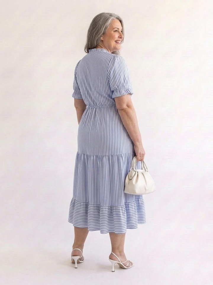Oleander | Short Sleeve Striped Tiered Midi Dress