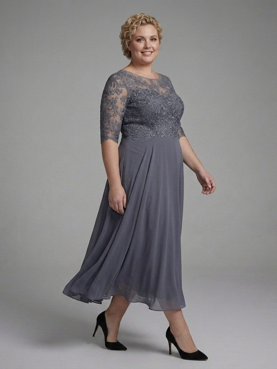 Anwen | Midi Dress with Lace Bodice and Sheer Sleeves