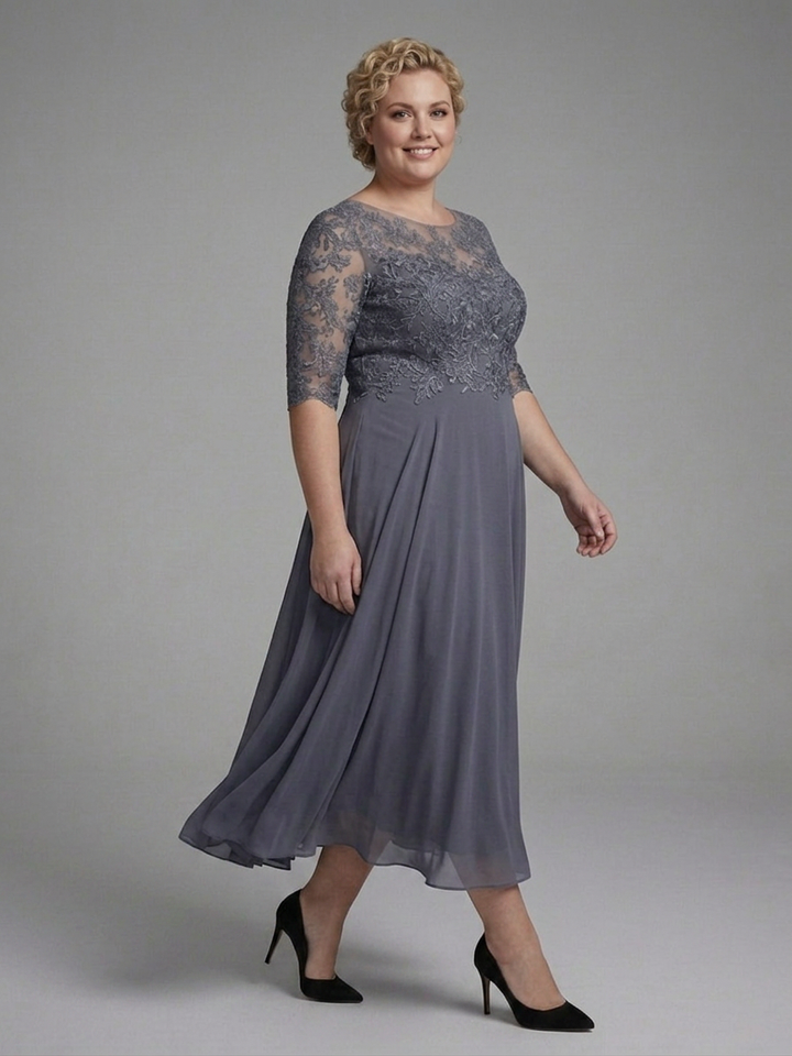 Anwen | Midi Dress with Lace Bodice and Sheer Sleeves