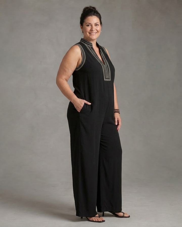 Wilhelmina | Embroidered V Neck Sleeveless Wide Leg Jumpsuit
