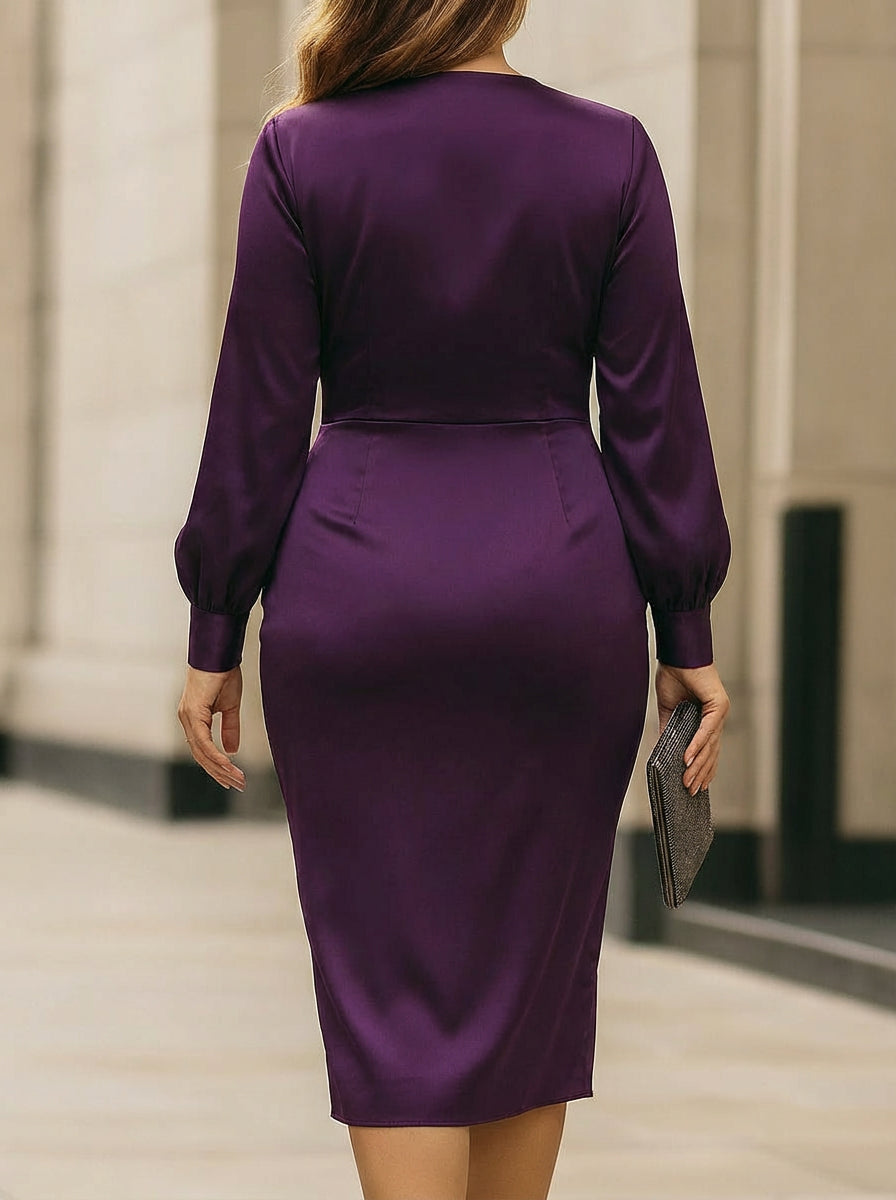 Soleil | Deep Plum Satin Wrap Midi Dress