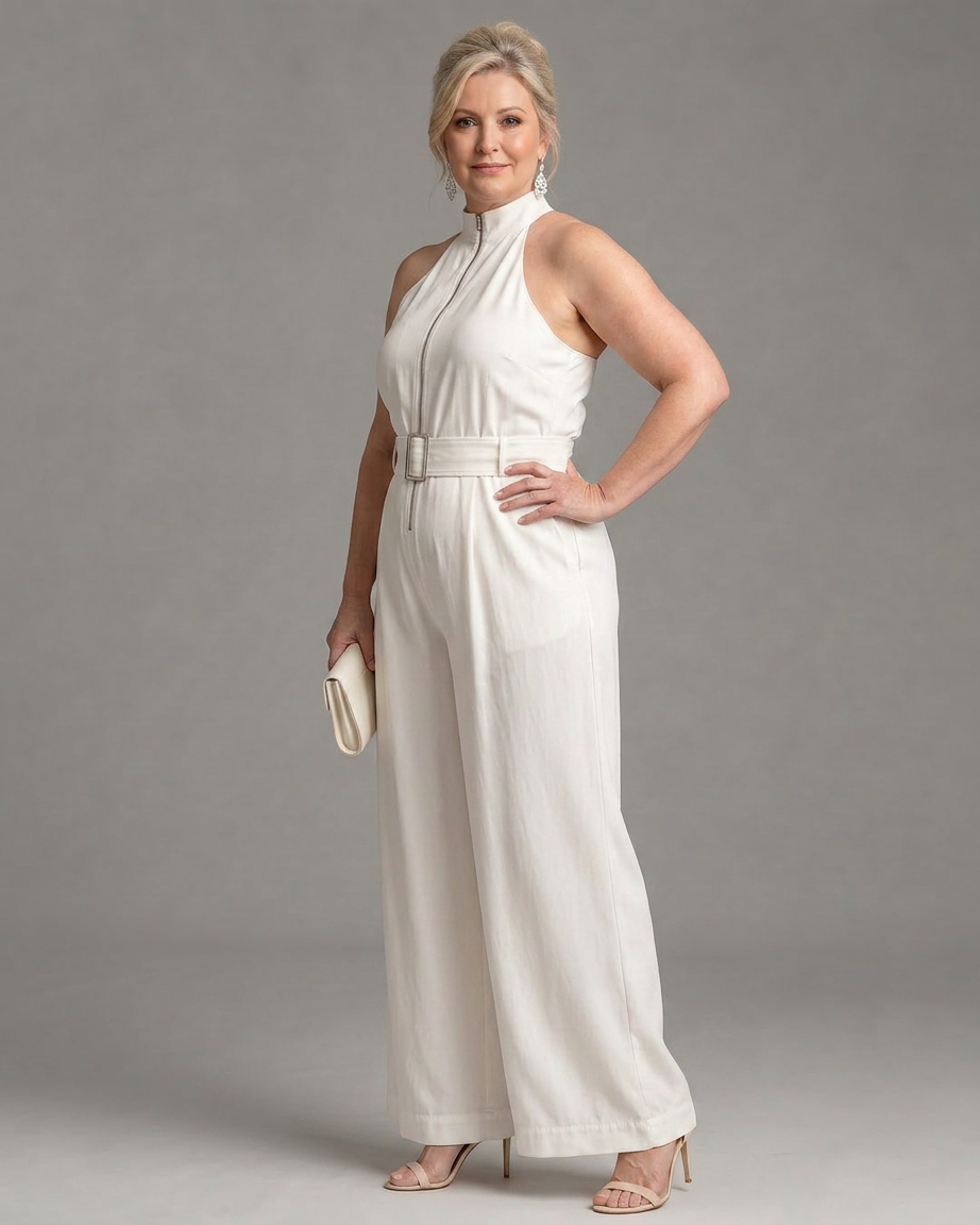 Fleur | Belted High Neck Wide Leg Sleeveless Jumpsuit