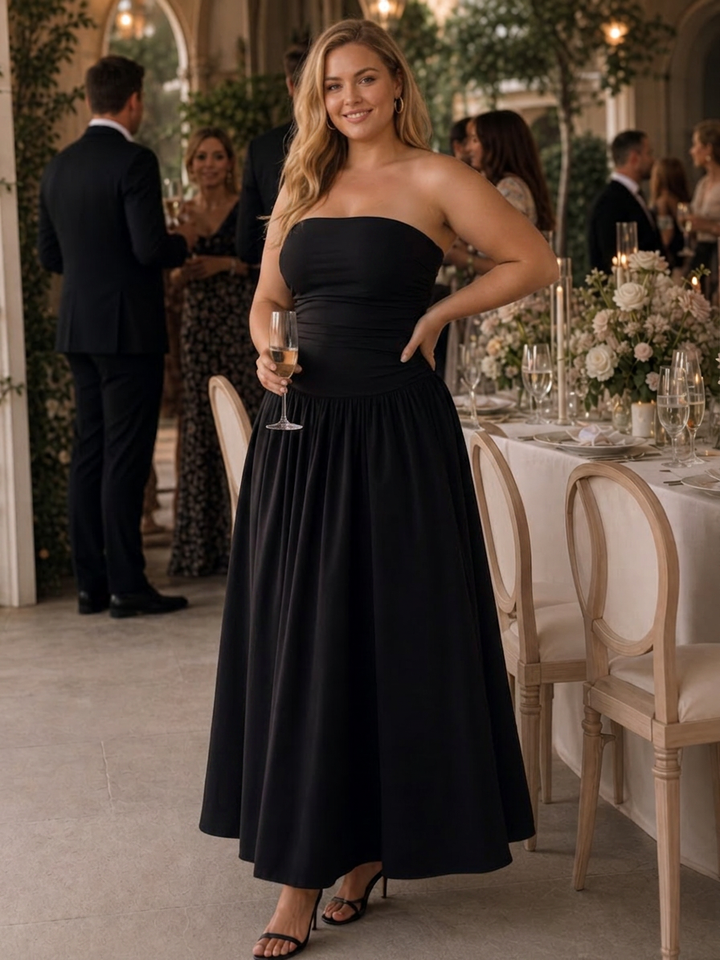 Clemence | Strapless Ruched Bodice Midi Dress