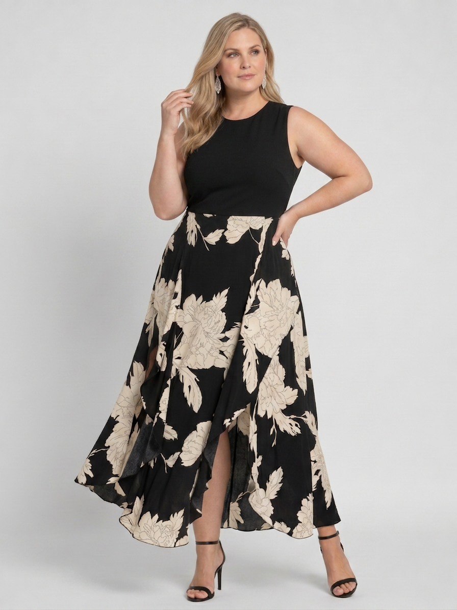 Shiloh | Sleeveless Floral Print High Low Hem Midi Dress