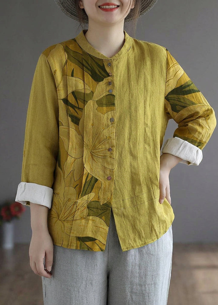Marguerite - Women Yellow Elegant Button Fall Top Long Sleeve Linen